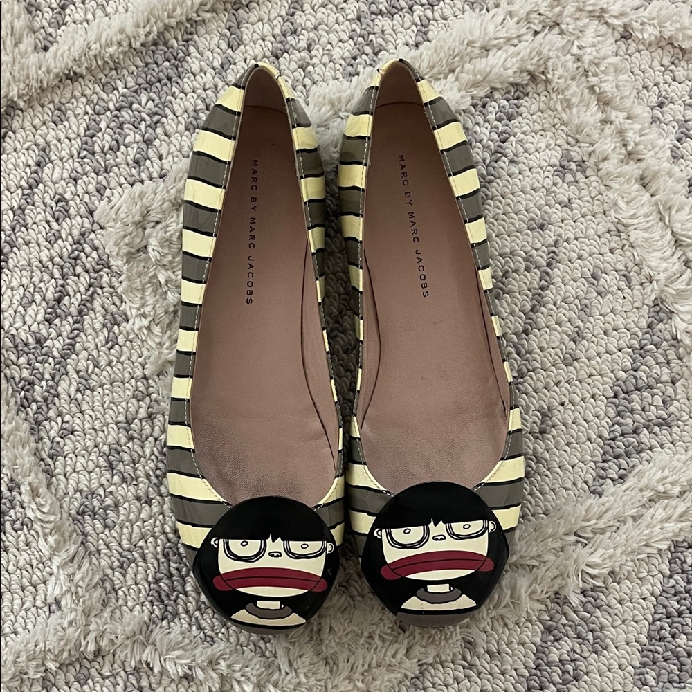 Marc Jacobs Black and Cream Striped Flats with Cartoon Detail